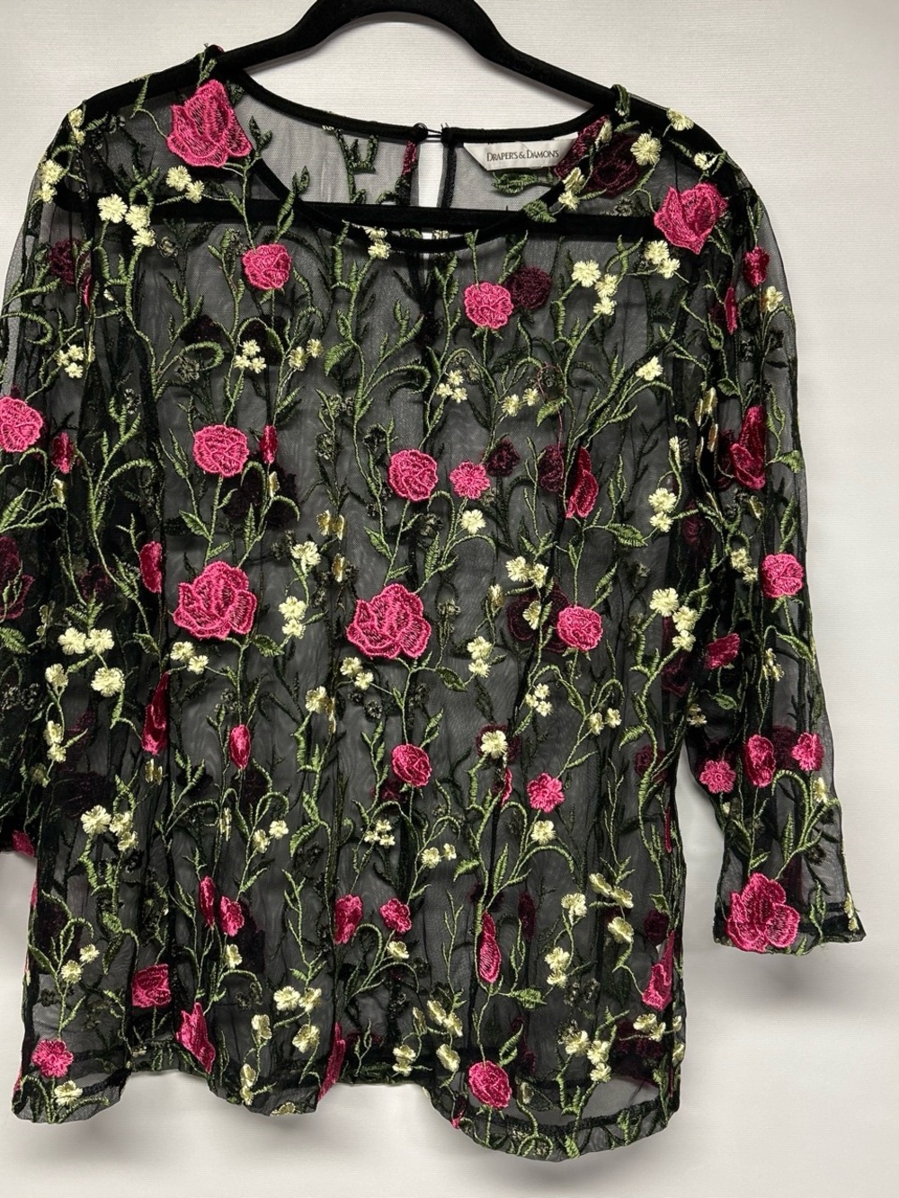 Black Sheer Floral Embroidered Blouse with Pink Roses